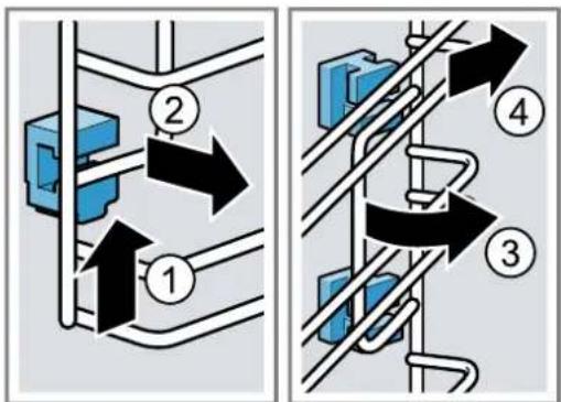 Diagram showing two configurations of electrical wiring connections with numbered arrows indicating direction of connection or movement.