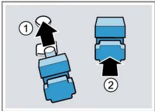 Diagram showing two blue mechanical components with numbered arrows indicating rotation or assembly steps