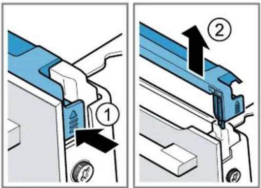 Diagram showing two steps of a device component with labeled parts and directional arrows indicating movement.