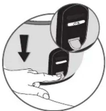 Diagram showing a hand pressing down on a device with a magnified view highlighting the 'clock' button.