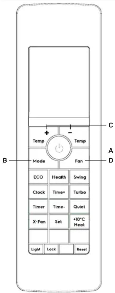 Temp Mode ECO Health Swing Clock Time+ Turbo Timer Time- Quiet X-Fan Set +10°C Heat Light Lock Reset B C A D