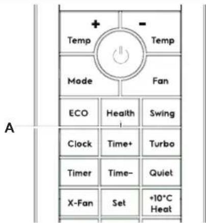 Temp Mode ECO Health Swing Clock Time+ Turbo Timer Time- Quiet X-Fan Set +10°C Heat A