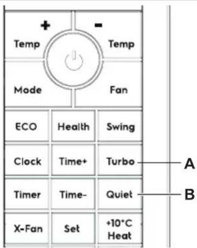 Temp Mode Fan ECO Health Swing Clock Time+ Turbo Timer Time- Quiet X-Fan Set +10°C Heat A B