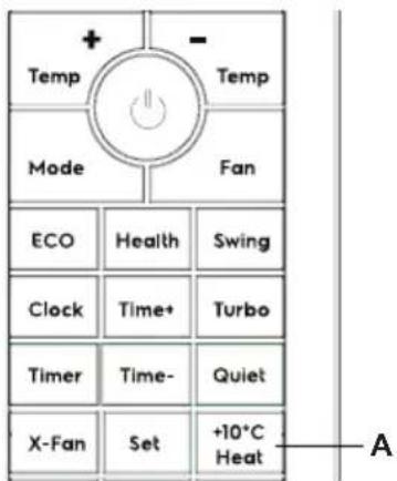 + Temp - Temp Mode Fan ECO Health Swing Clock Time+ Turbo Timer Time- Quiet X-Fan Set +10°C Heat A