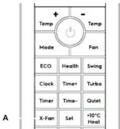 Temp Mode ECO Health Swing Clock Time+ Turbo Timer Time- Quiet X-Fan Set +10°C Heat A