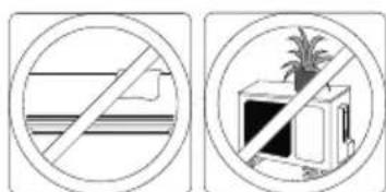 Two circular signs with prohibition symbols: one showing a barrier and another showing a room with a potted plant.