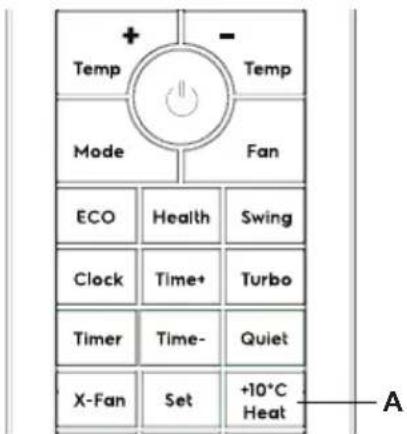 + - Temp Temp Mode Fan ECO Health Swing Clock Time+ Turbo Timer Time- Quiet X-Fan Set +10°C Heat A