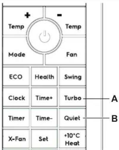 Temp Mode ECO Health Swing Clock Time+ Turbo Timer Time- Quiet X-Fan Set +10°C Heat A B