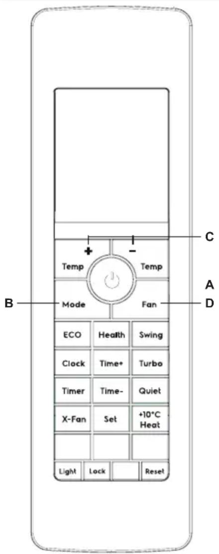Temp Mode ECO Health Swing Clock Time+ Turbo Timer Time- Quiet X-Fan Set +10°C Heat Light Lock Reset B C A D