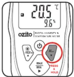 20.5 °C 9.6% ozito | DIGITAL TEMPERATURE & TEMPERATURE METER HOLD MAX MIN HOLD HOLD