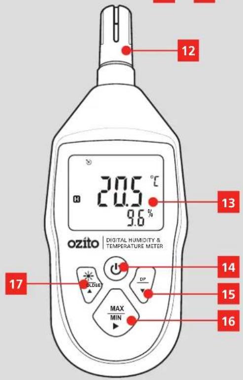 12 20.5 °C H 24.5 9.6 % 13 17 Digital Humidity & Temperature Meter ozito CLDBE DP MAX MIN 14 15 16