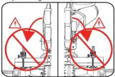 Technical diagram showing mechanical assembly with warning symbols and red circles indicating no protection zones