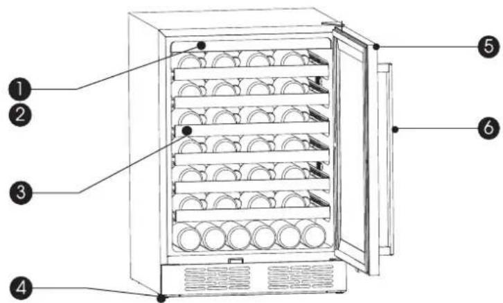 Diagram of a refrigerator with numbered parts for identification