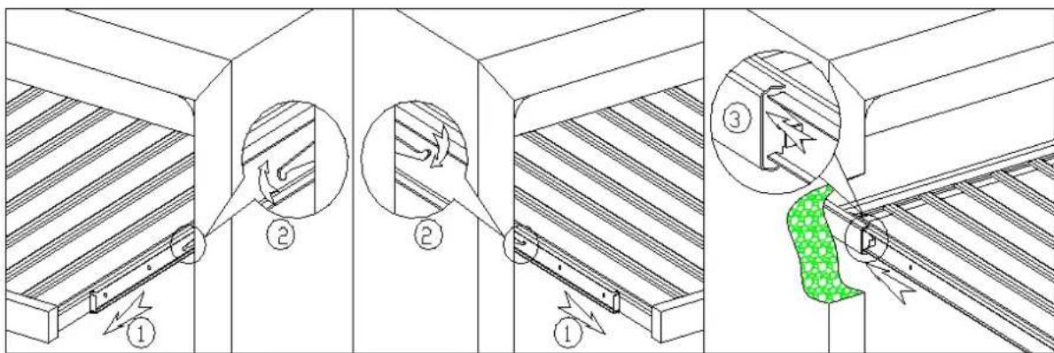 Technical diagram illustrating three-step installation of a window frame with labeled components and directional arrows.