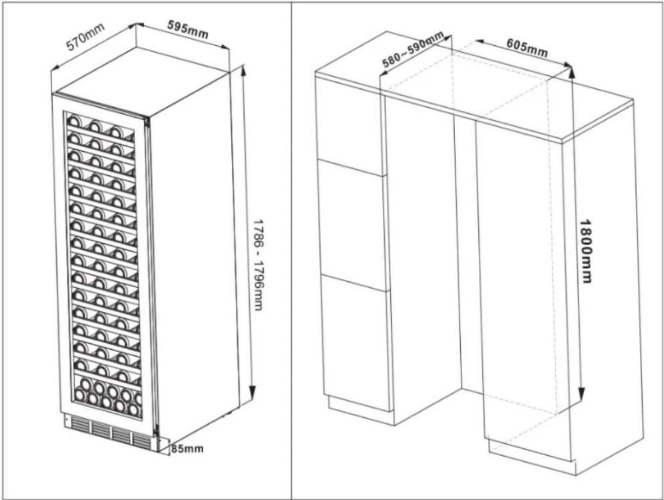 570mm 595mm 1786 - 1796mm 85mm 580~590mm 605mm 1800mm