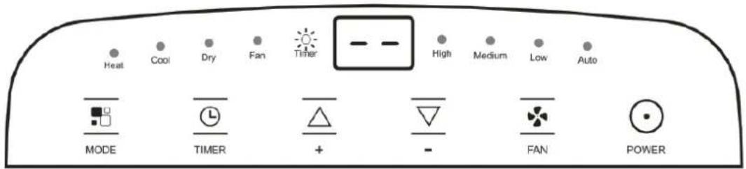 Heat Cool Dry Fan Timer -- -- High Medium Low Auto MODE TIMER + - FAN POWER