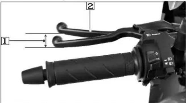 Labeled diagram of a motorcycle hand crank and grip mechanism, showing parts numbered 1 and 2 with adjustment arrows.