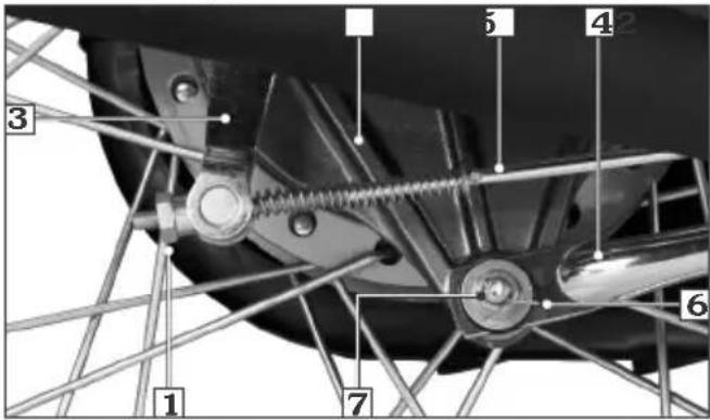Technical diagram of a bicycle suspension system with numbered components and connecting rods