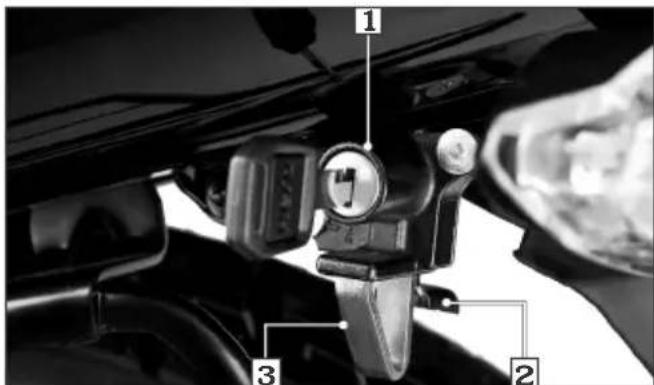 Labeled mechanical component diagram showing key parts including lever, guide knob, and head assembly