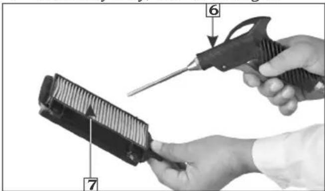 Instructional image showing a hand using a screwdriver to adjust a mechanical component, labeled with parts 6 and 7.