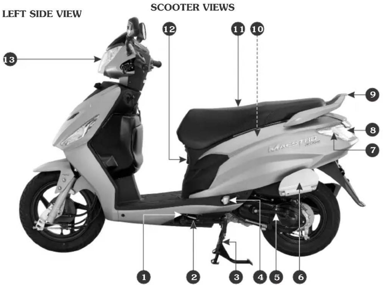 LEFT SIDE VIEW SCOOTER VIEWS 12 11 10 13 MAESTRO MOODI 9 8 7 1 2 3 4 5 6