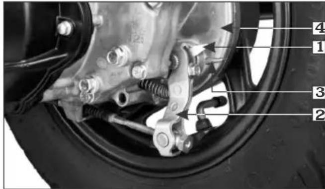 Labeled mechanical assembly diagram showing components numbered 1 to 4 with automotive brake and suspension parts