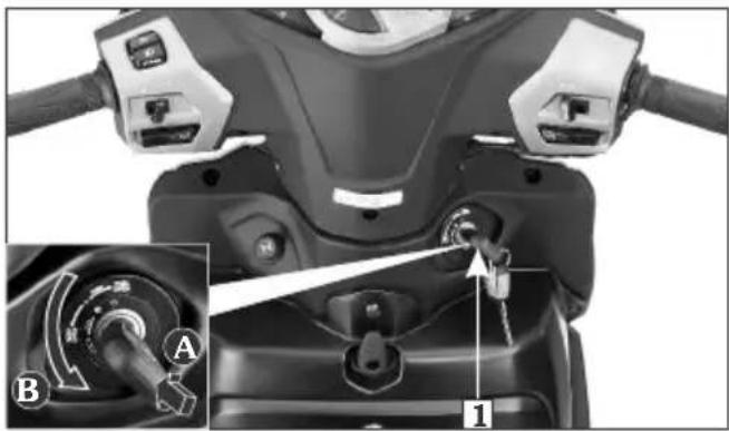 Technical diagram of a motorcycle's front and side views with labeled parts A and B, showing adjustment knob and lock mechanism.