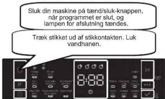 Sluk din maskine på tænd/sluk-knappen, når programmet er slut, og lampen for afslutning tændes. Træk stikket ud af stikkontakten. Luk vandhanen.