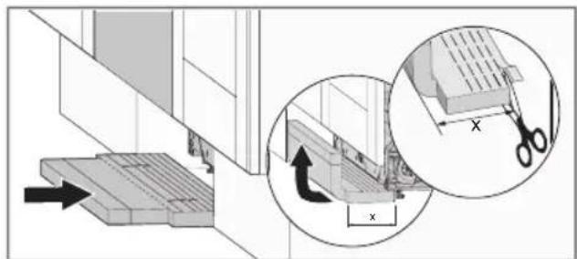 Diagram illustrating a door mechanism with labeled parts and a magnified inset showing a cutting tool interacting with a window.