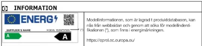 INFORMATION ENERG SUPPLIER'S NAME MODEL IDENTIFIER A A (*) Modellinformationen, som är lagrad t produktdatabasen, kan nås från webbsidan och genom att söka för modellidenti- fikationen (*), som finns i energimärkningen. https://cprel.cc.europa.eu/