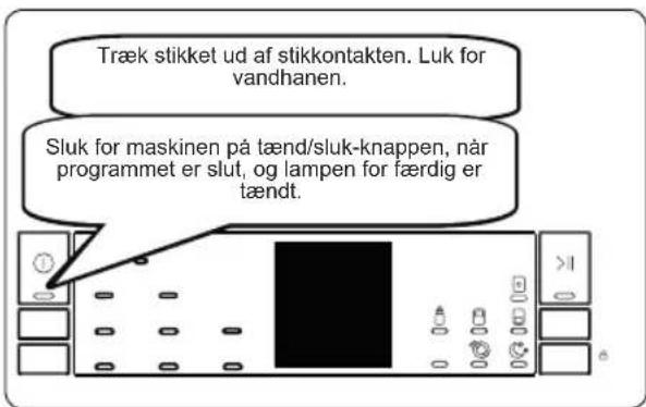 Træk stikket ud af stikkontakten. Luk for vandhanen. Sluk for maskinen på tænd/sluk-knappen, når programmet er slut, og lampen for færdig er tændt.
