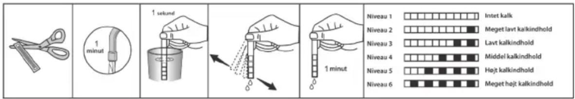 1 minut 1 sekund 1 minut Niveau 1 Intet kalk Niveau 2 Meget lavt kalkindhold Niveau 3 Lavt kalkindhold Niveau 4 Middel kalkindhold Niveau 5 Højt kalkindhold Niveau 6 Meget højt kalkindhold