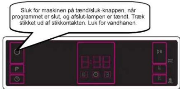 Sluk for maskinen på tænd/sluk-knappen, når programmet er slut, og afslut-lampen er tændt. Træk stikket ud af stikkontakten. Luk for vandhanen.