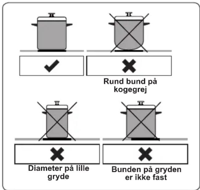 Rund bund på kogegrej Diameter på lille gryde Bunden på gryden er ikke fast
