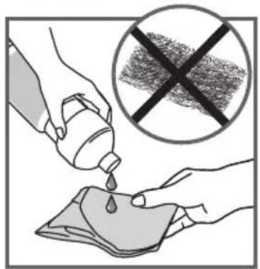 Illustration showing hands pouring liquid from a container into a cloth, with a crossed-out fingerprint symbol in the background.