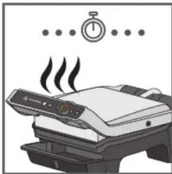 Illustration of a printer with steam rising, accompanied by a stopwatch and magnifying glass (no text or symbols)