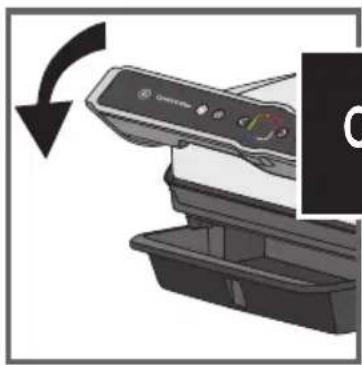 Close-up of a printer's front panel with a black arrow indicating rotation (no text or symbols visible)