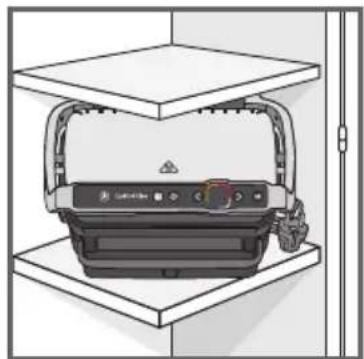 Diagram of a device mounted on a shelf, showing internal components and a warning symbol (no text or labels present)