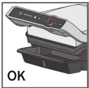 Illustration of a printer with a control panel and open base, labeled 'OK' (no text or symbols on the diagram itself)