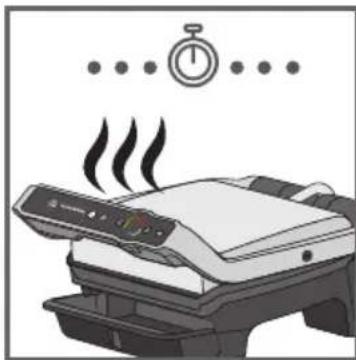 Illustration of a printer with steam rising, accompanied by a stopwatch and droplet symbol (no text or labels)
