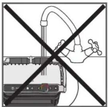 Crossed black-and-white diagram of a kitchen appliance with faucet and water drop symbol (no text or labels)