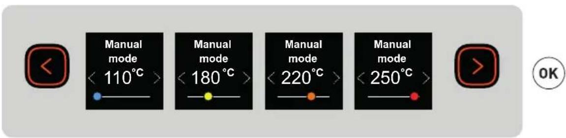 Manual mode < 110°C > Manual mode < 180°C > Manual mode < 220°C > Manual mode < 250°C > OK