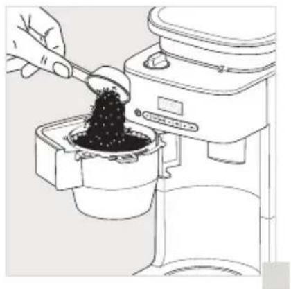Line drawing of a hand pouring dark granular substance into a coffee maker using a spoon (no text or symbols)