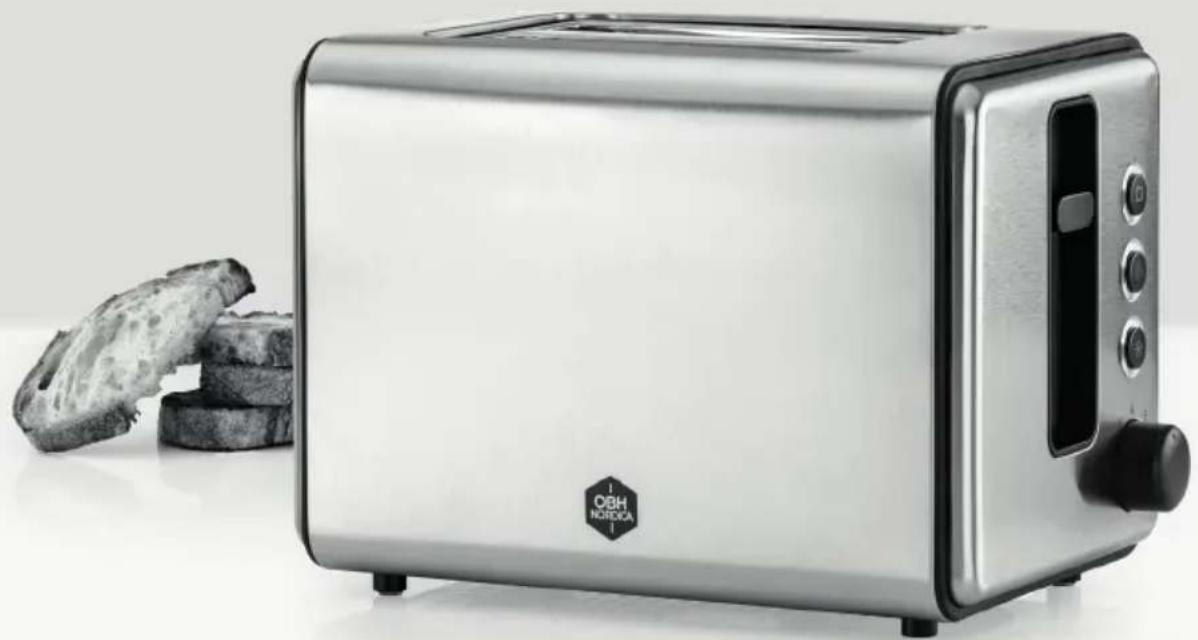 Exterior view of a modern stainless steel 2<|im_start|> Guy-OH NO.100A toaster with open lid and keyboard, next to a pair of bread slices (no text or symbols on device body)