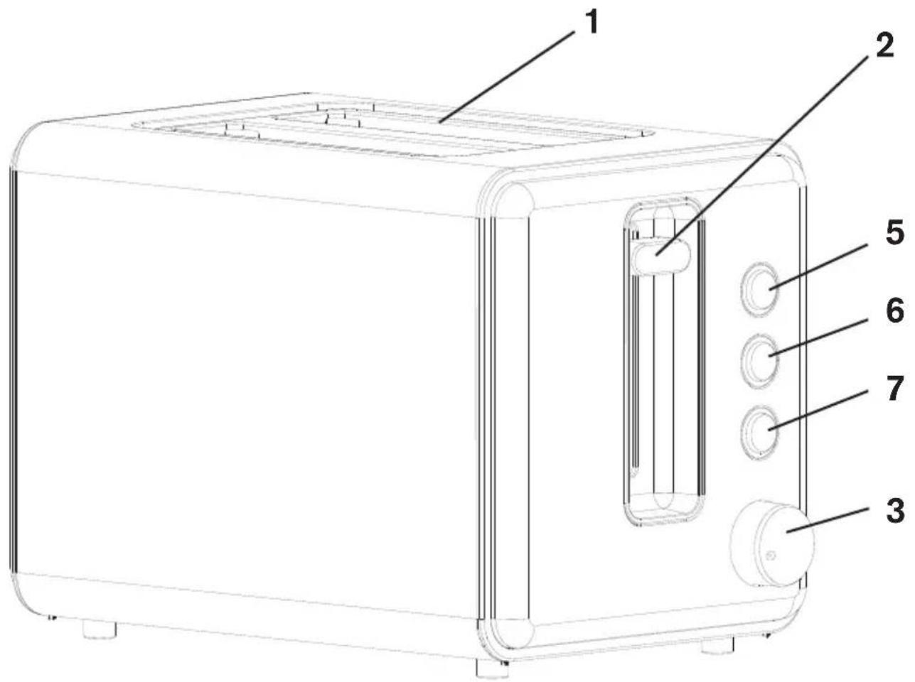 Technical diagram of a toaster with numbered parts labeled 1 through 7