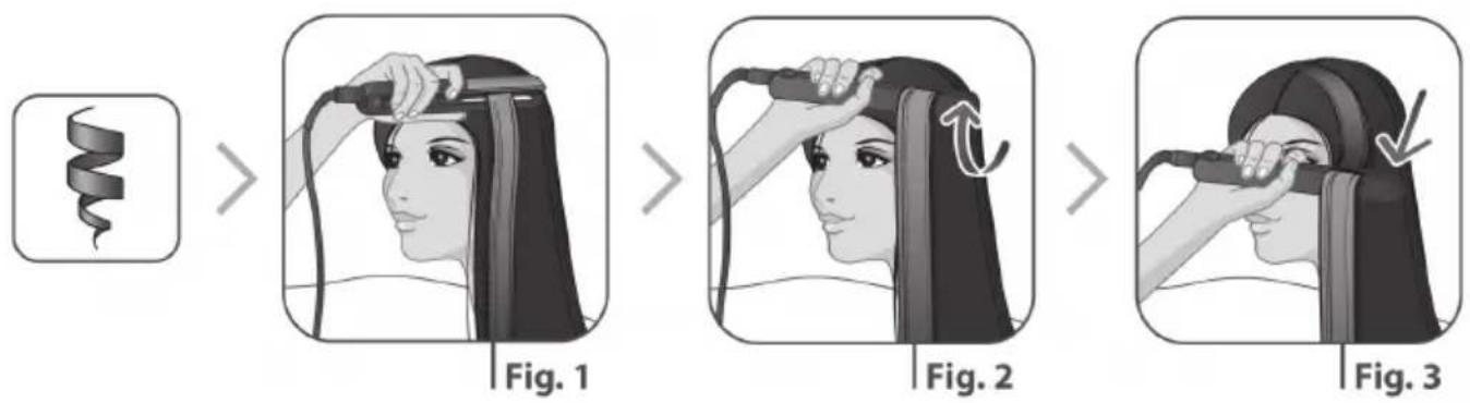 Illustration showing a person styling hair with a curler, labeled Fig. 1 to Fig. 3.