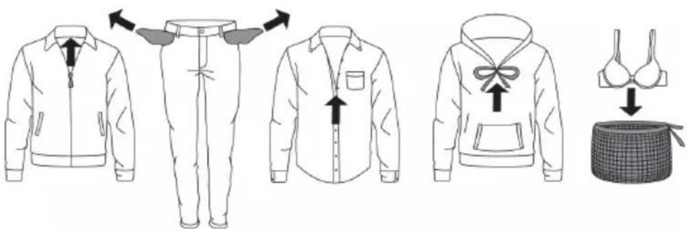 Illustration showing a sequence of clothing items with directional arrows indicating movement or categorization.