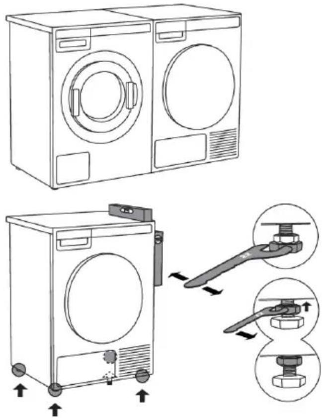 Diagram illustrating the installation of a washing machine with labeled components and directional arrows indicating assembly or repair steps.