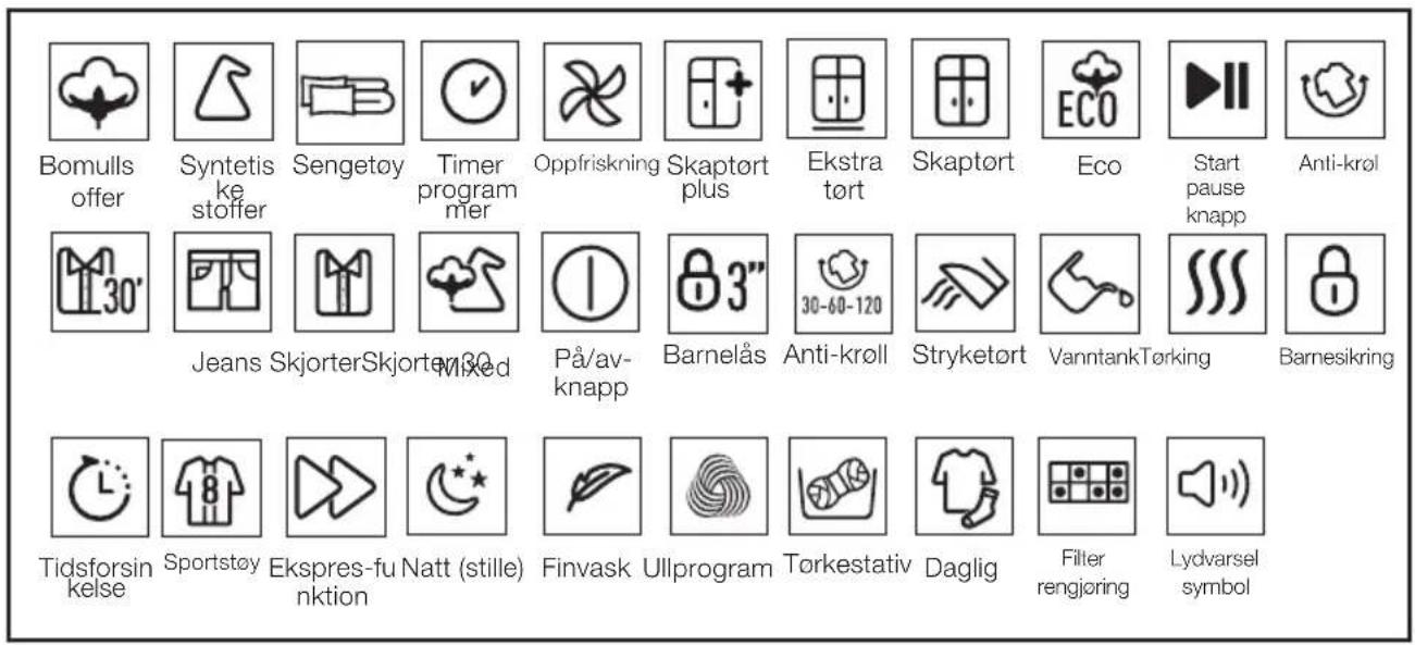 Bomulls offer Syntetis ke stoffer Sengetøy Timer program mer Oppfriskning Skaptørt plus Ekstra tört Skaptørt Eco Start pause knapp Anti-krol Jeans Skjorter Skjorter 30 mixed På/av-knapp Barnelås Anti-kroll Stryketørt Vanntank Tørking Barnesikring Tidsforsin kelse Sportstøy Ekspres-fu nktion Natt (stille) Finvask Ullprogram Tørkestativ Daglig Filter rengjøring Lydvarsel symbol