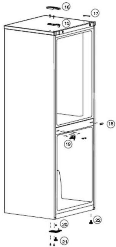 Technical diagram of a refrigerator with numbered parts for identification and assembly reference.